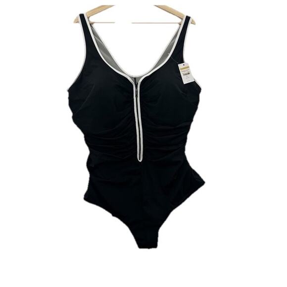 Delimira Swimsuit Womens Plus 22 Black White Zipper Front One Piece NWT - Picture 2 of 14